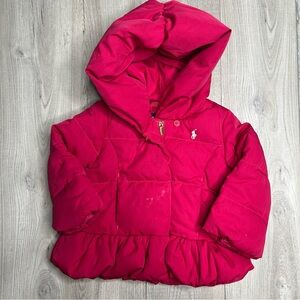 Ralph Lauren Toddler Girls 18 Mo Down Puffer Coat Hoodie Jacket Ruffle Hem Pink